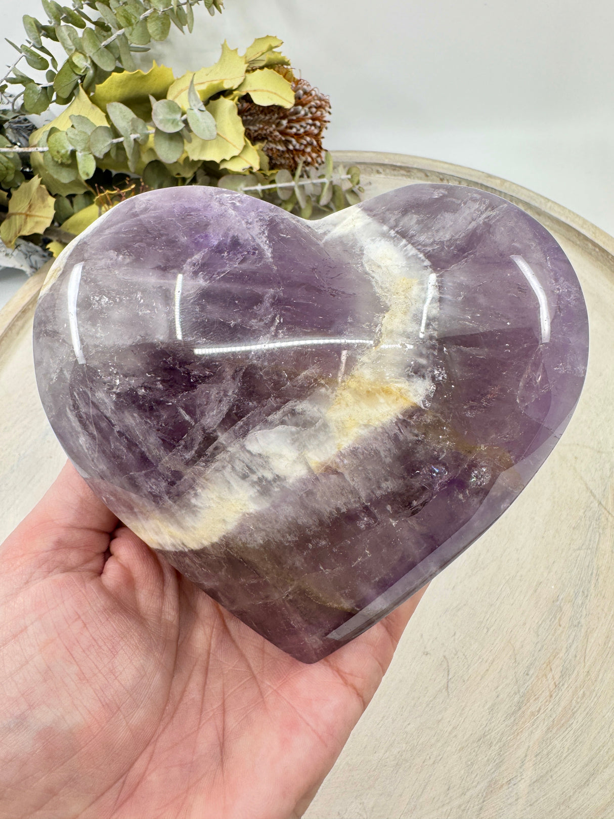 Chevron Amethyst Heart on Gold Stand 892g (13x11cm) – Stone of Harmony, Intuition & Divine Protection