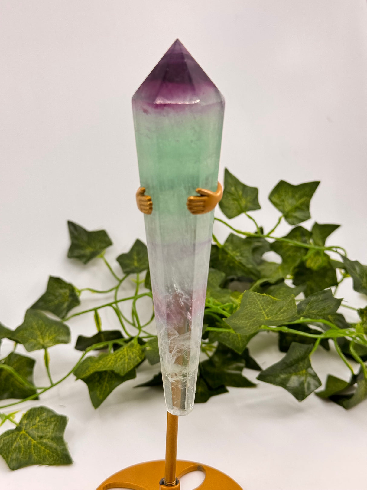 Rainbow Fluorite Wand 177g with Gold Stand – Beacon of Alignment, Insight and Divine Order