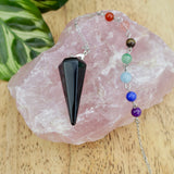 Black Obsidian crystal pendulum with chakra bead chain for protection grounding and energy clearing