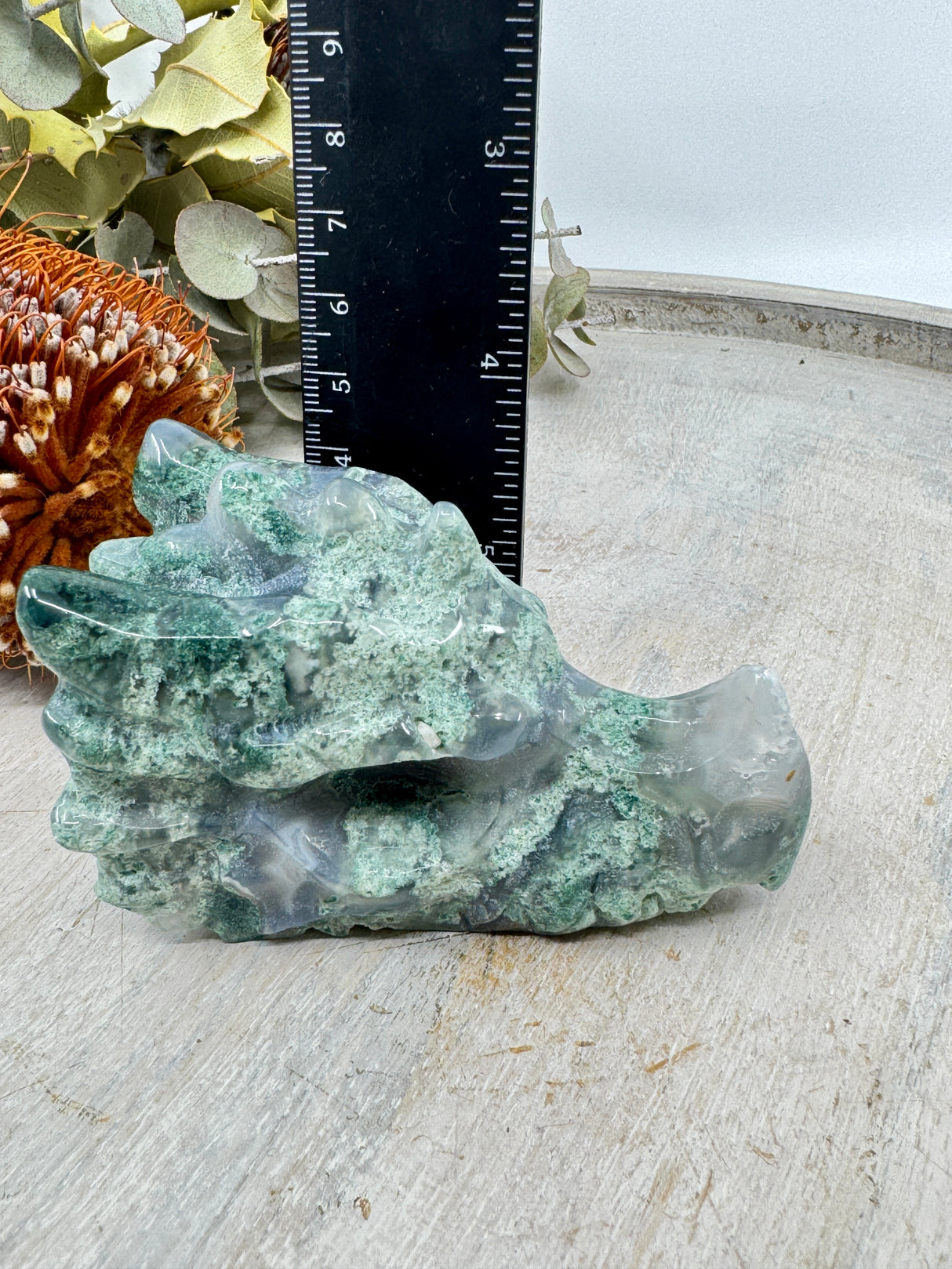 Moss Agate Dragon Head Carving 220g (8.5x5cm) – Stone of Protection, Growth & Ancient Wisdom