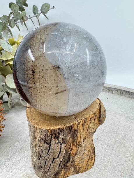 Banded Black Agate sphere 307 g 6 cm – black and white banded grounding crystal for balance and protection – Inspired By 3 Crystals Australia.