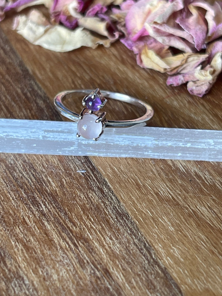 Amethyst & Rose Quartz Silver Ring Size 7 - “I trust my intuition and allow it to guide me each day”