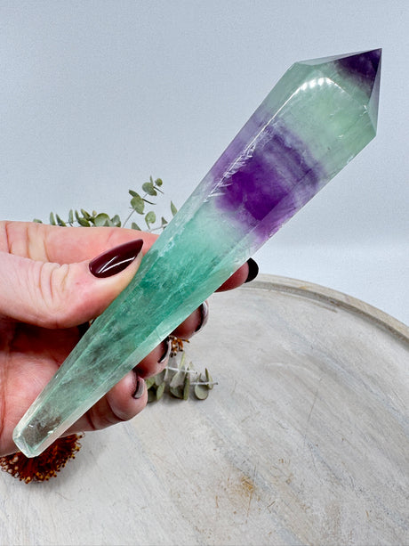 Rainbow Fluorite wand 180g 16x3cm – banded green and violet crystal for clarity, focus and alignment – Inspired By 3 Crystals Australia.