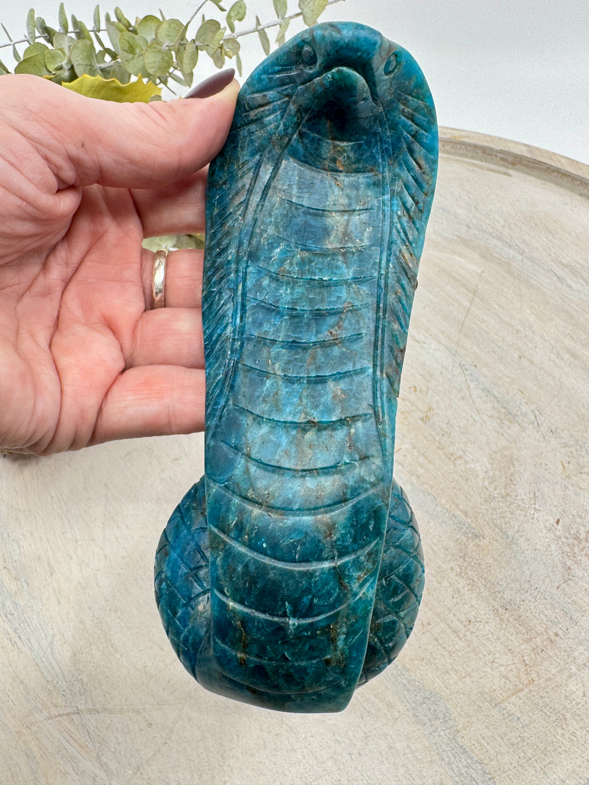 Blue Apatite snake carving 15cm – blue crystal serpent symbolising intuition, wisdom and transformation – Inspired By 3 Crystals Australia.
