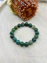Moss Agate stretch bracelet 10mm natural beads – 6cm inner diameter – green crystal bracelet for growth, abundance and emotional balance – Inspired By 3 Crystals Australia.