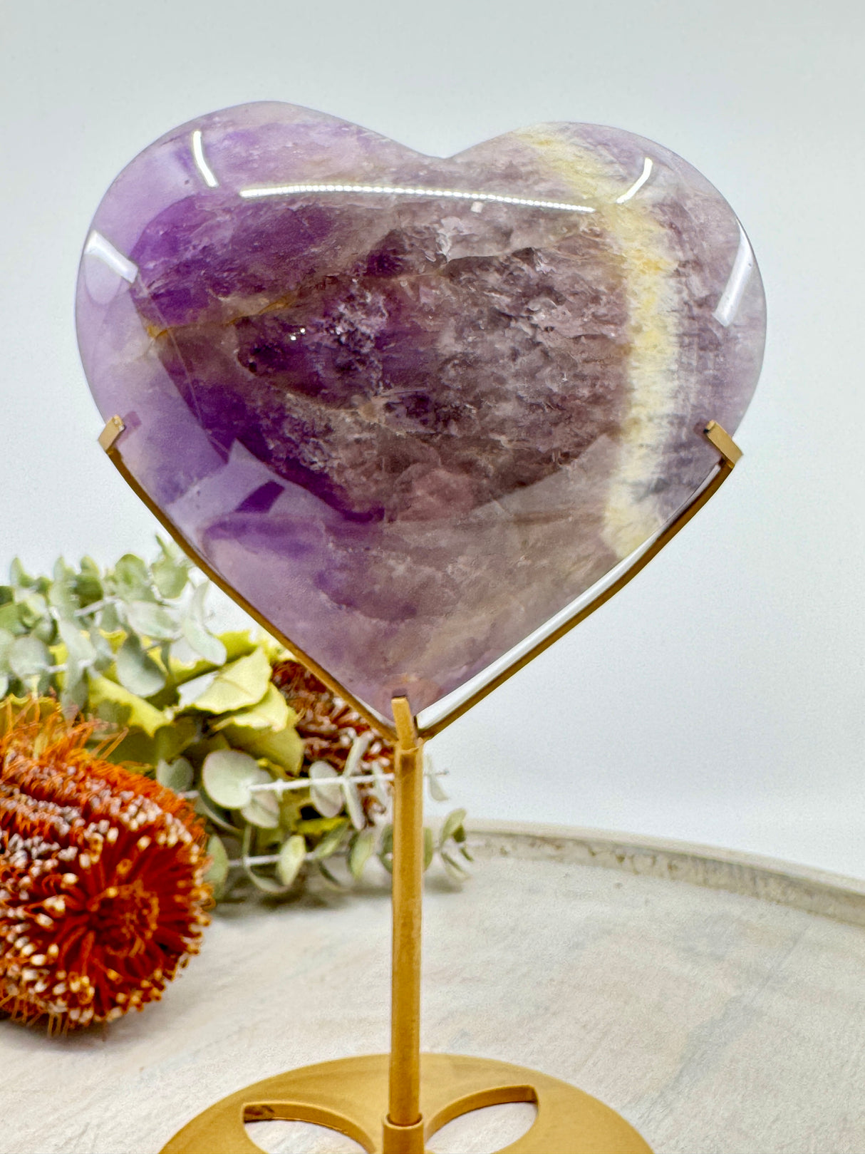 Chevron Amethyst Heart on Gold Stand 892g (13x11cm) – Stone of Harmony, Intuition & Divine Protection