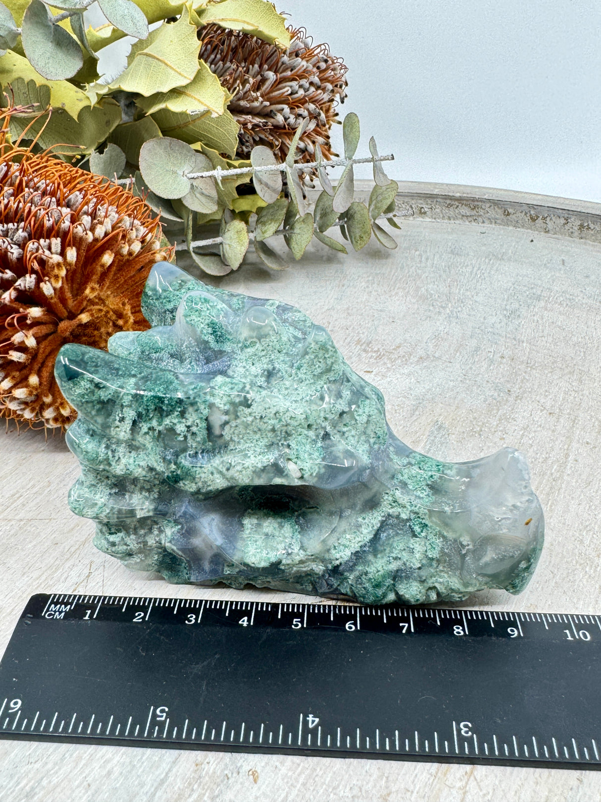 Moss Agate Dragon Head Carving 220g (8.5x5cm) – Stone of Protection, Growth & Ancient Wisdom