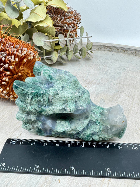 Moss Agate Dragon Head Carving 220g (8.5x5cm) – Stone of Protection, Growth & Ancient Wisdom