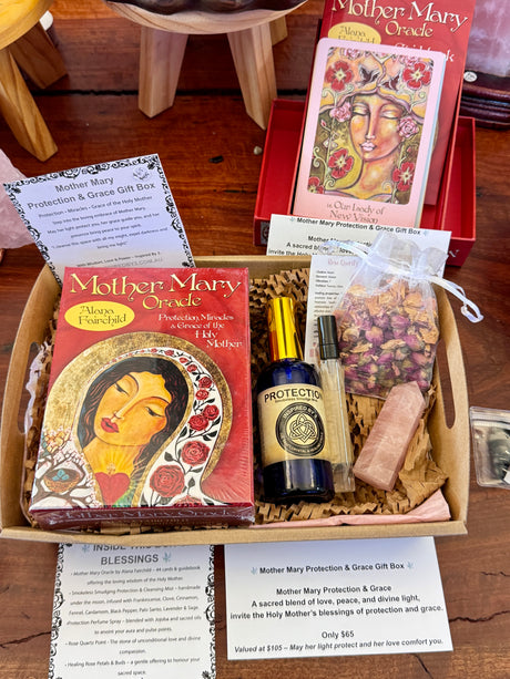 Mother Mary Protection & Grace Gift Box – Oracle, Rose Quartz Point & Smokeless Smudge Set