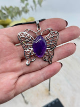 Amethyst butterfly pendant platinum tone brass 43x45x7mm – healing crystal for calm, transformation and spiritual growth – Inspired By 3 