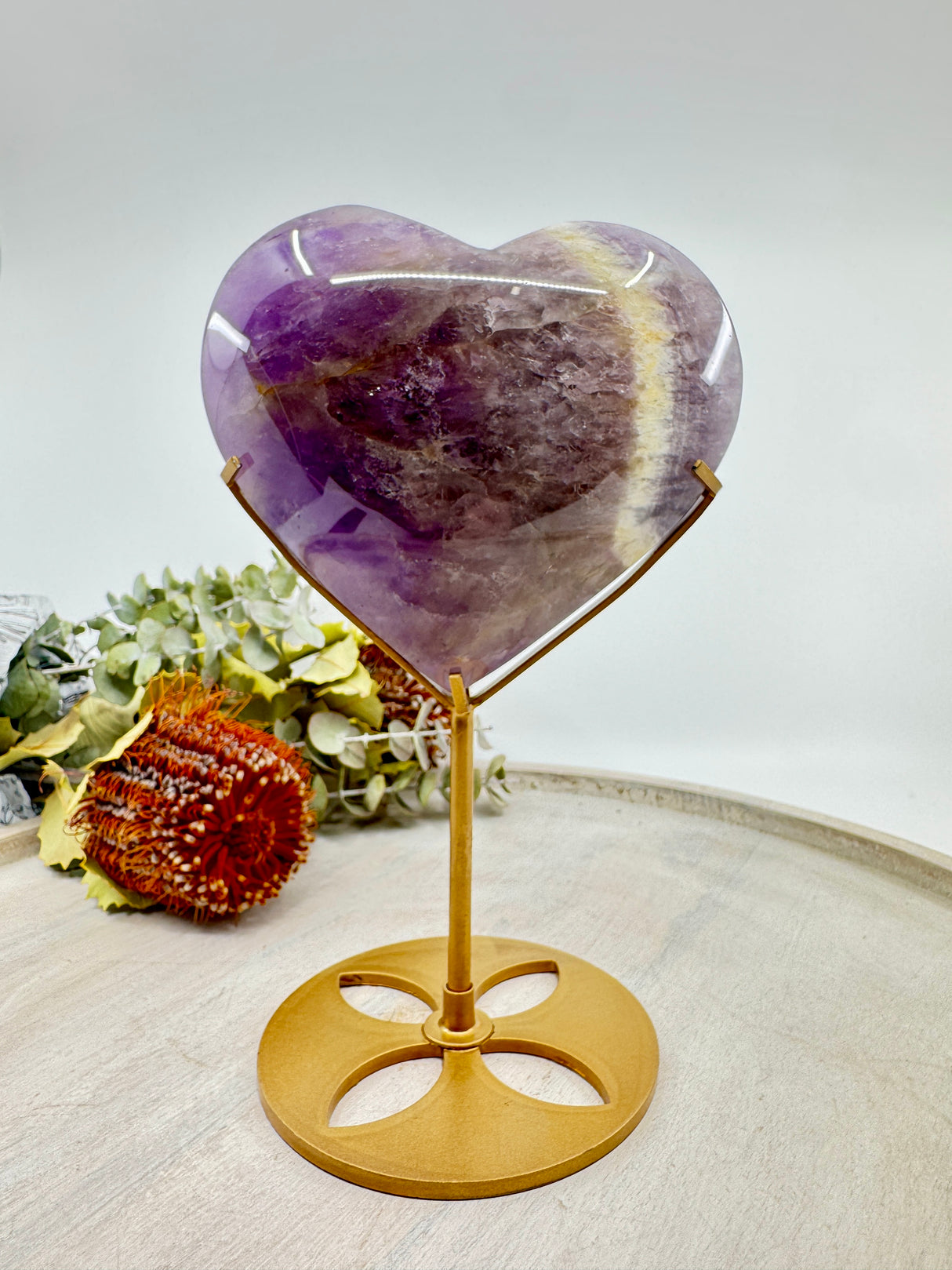 Chevron Amethyst Heart on Gold Stand 892g (13x11cm) – Stone of Harmony, Intuition & Divine Protection