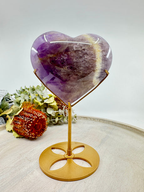 Chevron Amethyst Heart on Gold Stand 892g (13x11cm) – Stone of Harmony, Intuition & Divine Protection