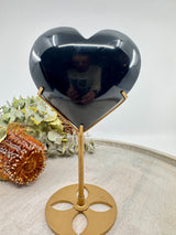 Black Obsidian heart on gold stand 574g 12x10cm – glossy black heart crystal for grounding, strength and protection – Inspired By 3 Crystals Australia.