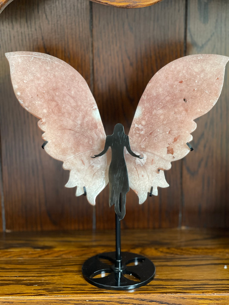 Pink Amethyst Wings Carving on Stand 524g - “ I am a strong and loving person”.
