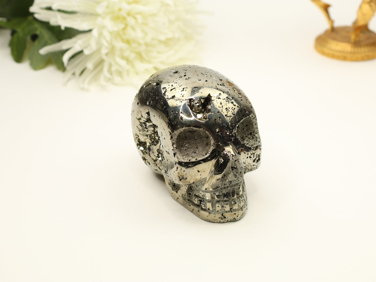 Pyrite skull carving 1.326kg with natural sparkle for protection energy and confidence