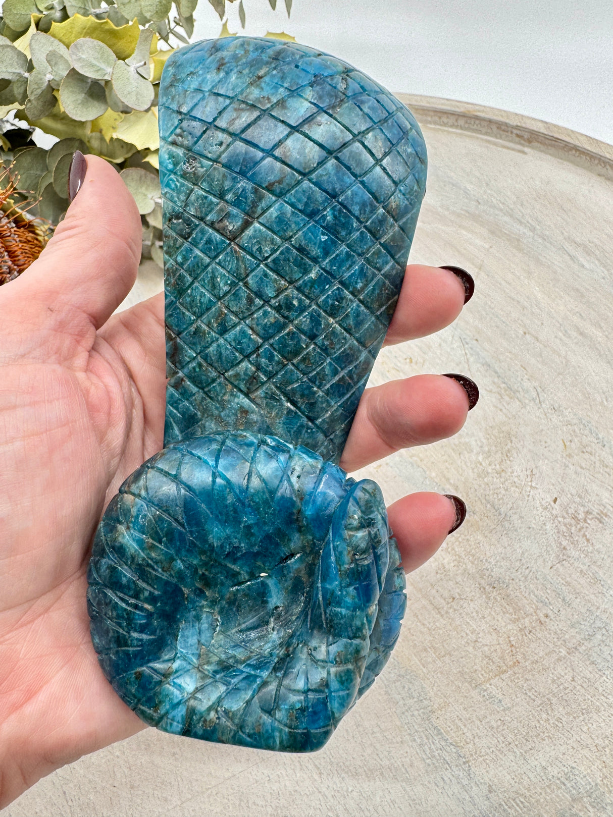 Blue Apatite Snake Carving 15cm – Stone of Wisdom, Transformation & Intuition