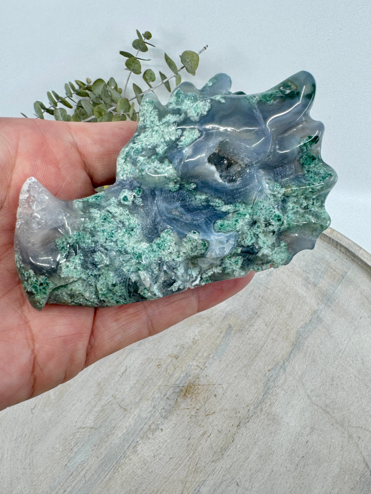Moss Agate Dragon Head Carving 220g (8.5x5cm) – Stone of Protection, Growth & Ancient Wisdom