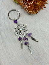 Amethyst dreamcatcher and freshwater pearl keychain 110mm – alloy design with stainless steel ring for protection, peace and intuition – Inspired By 3 Crystals Australia.