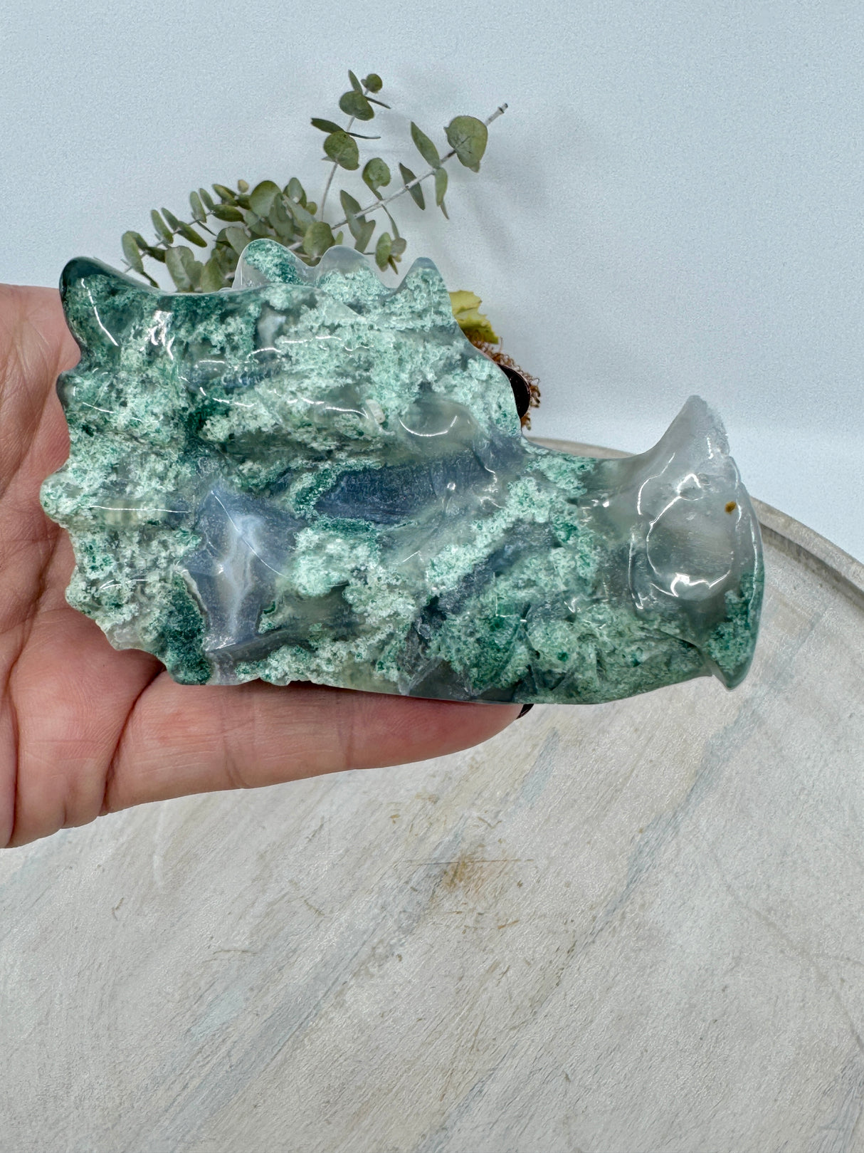 Moss Agate Dragon Head Carving 220g (8.5x5cm) – Stone of Protection, Growth & Ancient Wisdom