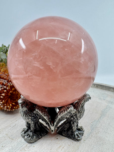 Rose Quartz sphere 1.815kg 11cm – gemmy pink crystal for love, peace and emotional healing – Inspired By 3 Crystals Australia.