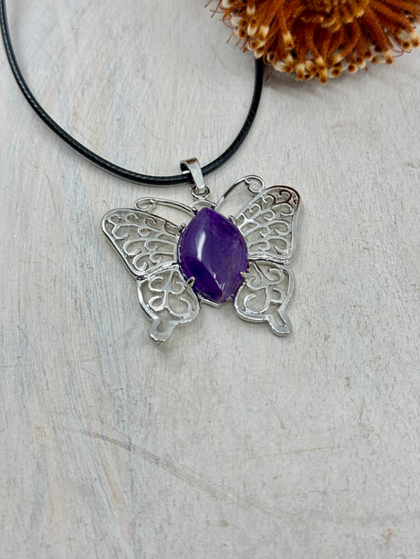 Amethyst butterfly pendant platinum tone brass 43x45x7mm – healing crystal for calm, transformation and spiritual growth – Inspired By 3 Crystals Australia.