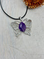 Amethyst butterfly pendant platinum tone brass 43x45x7mm – healing crystal for calm, transformation and spiritual growth – Inspired By 3 Crystals Australia.