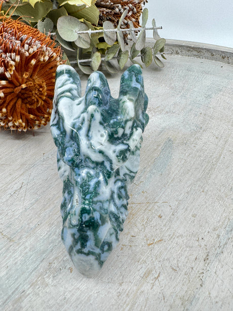 Moss Agate Dragon Head Carving 234g (9x5cm) – Stone of Growth, Protection & Ancient Wisdom