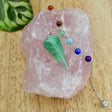 Green fluorite crystal pendulum with chakra bead chain for dowsing energy clearing clarity and intuitive guidance