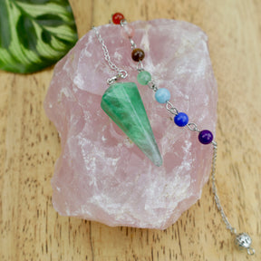Green fluorite crystal pendulum with chakra bead chain for dowsing energy clearing clarity and intuitive guidance