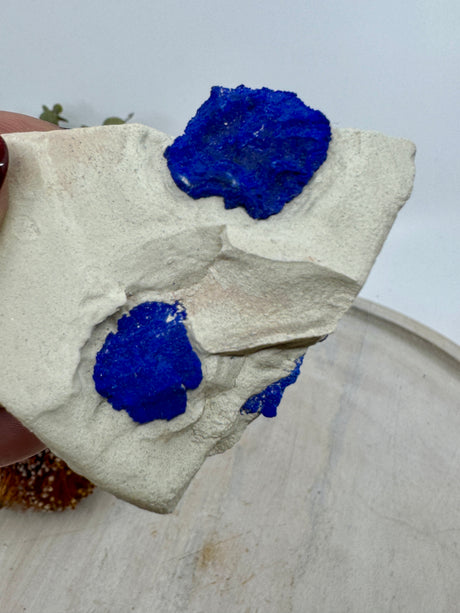 Azurite Sun specimen 76g 8x3.5x5cm – two separate cobalt-blue suns on Kaolinite matrix with side slice from Malbunka Copper Mine NT – rare Australian mineral for intuition and insight – Inspired By 3 Crystals Australia.