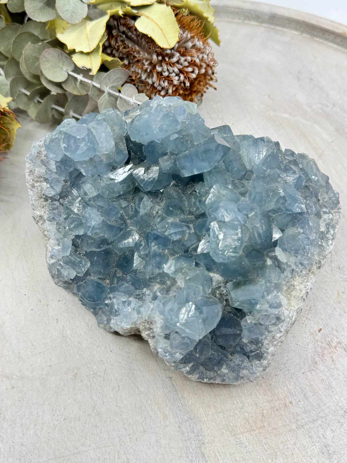 Celestite cluster 2kg 15cm – sky-blue crystal cluster for angelic peace, calm and divine connection – Inspired By 3 Crystals Australia.