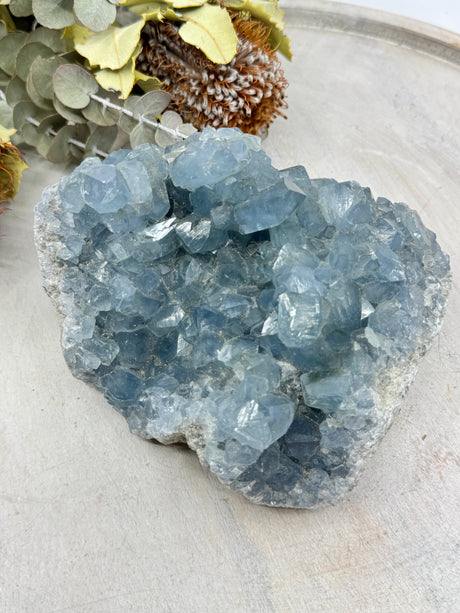 Celestite cluster 2kg 15cm – sky-blue crystal cluster for angelic peace, calm and divine connection – Inspired By 3 Crystals Australia.