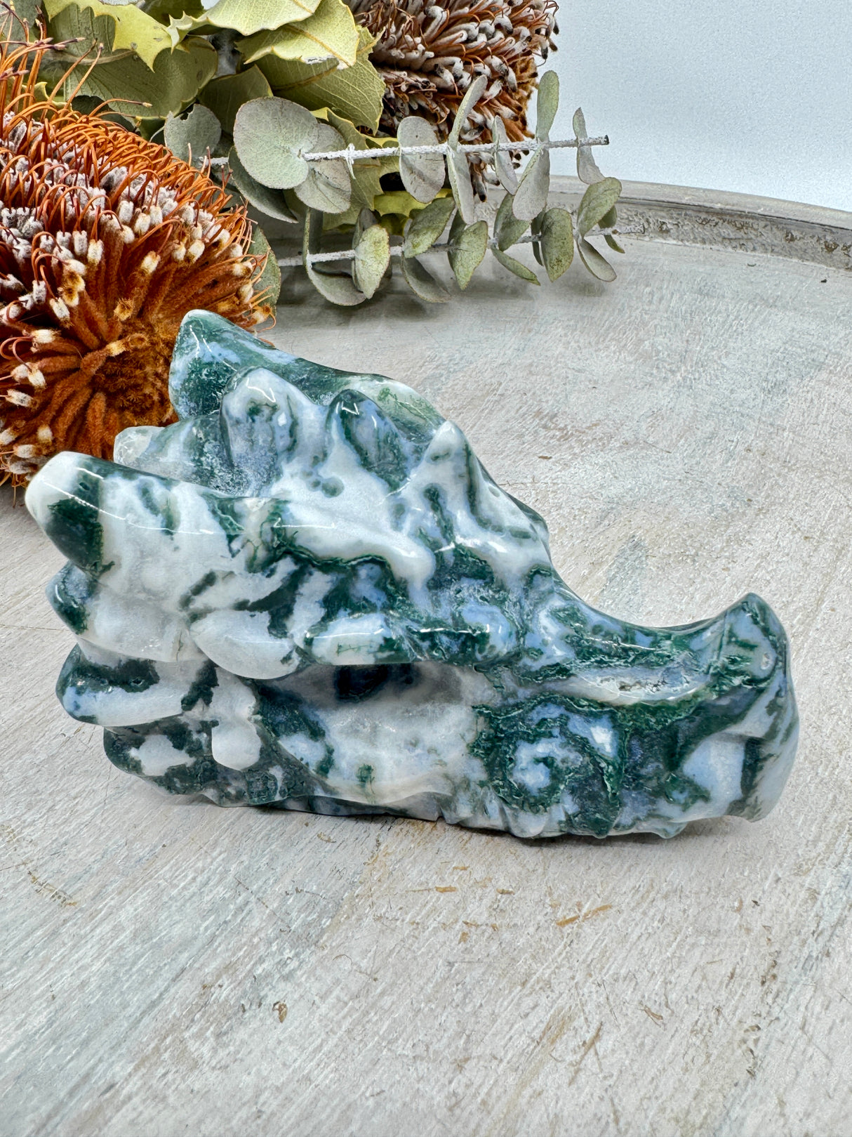 Moss Agate dragon head carving 234g 9x5cm – green and white crystal for growth, protection and ancient wisdom – Inspired By 3 Crystals Australia.