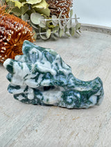 Moss Agate dragon head carving 234g 9x5cm – green and white crystal for growth, protection and ancient wisdom – Inspired By 3 Crystals Australia.