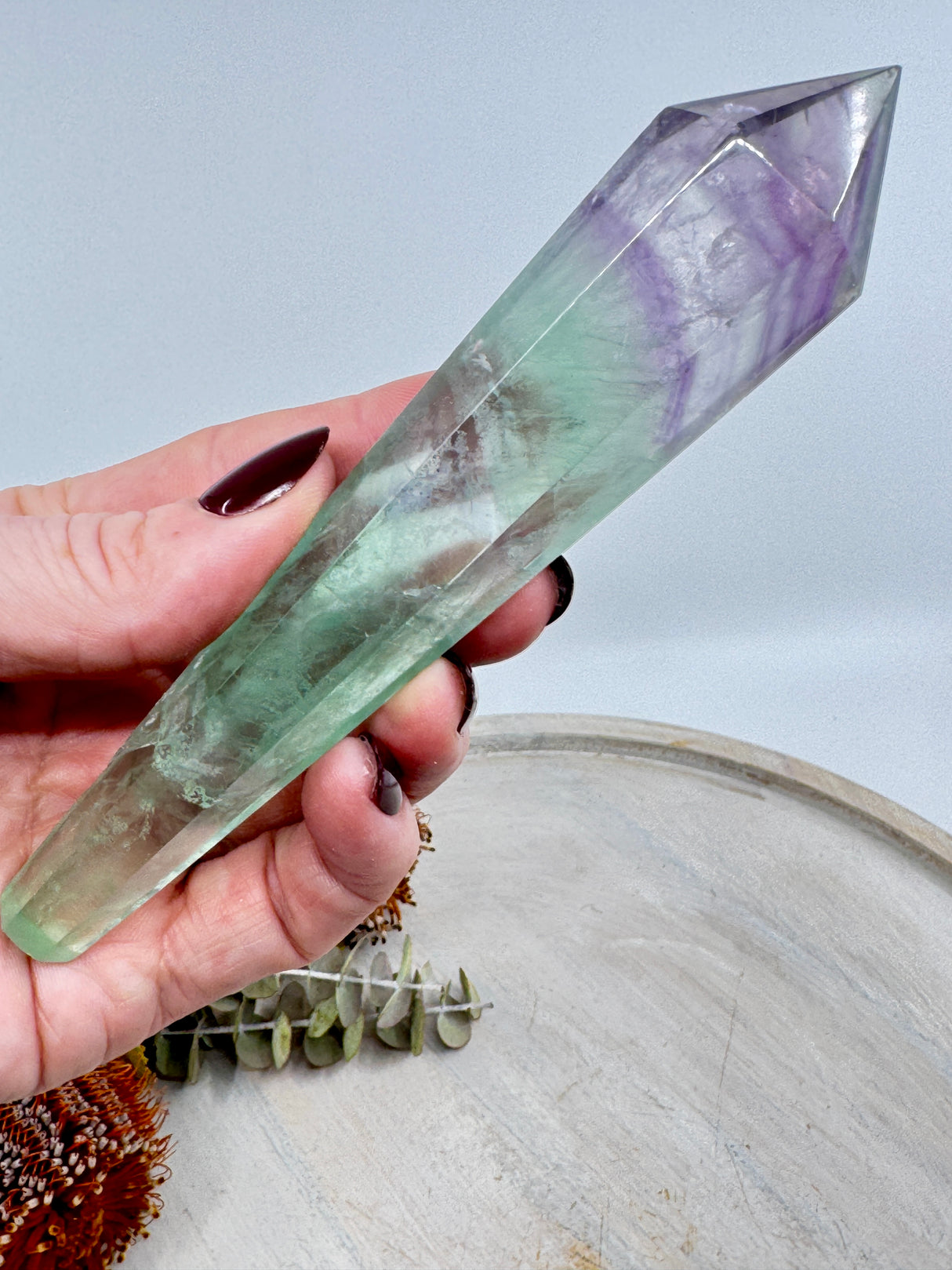 Rainbow Fluorite wand 133g 14.5x2.9cm – banded green and violet crystal for clarity, calm and energy alignment – Inspired By 3 Crystals Australia.