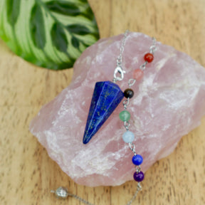 Lapis Lazuli crystal pendulum with chakra bead chain for intuition truth and spiritual dowsing