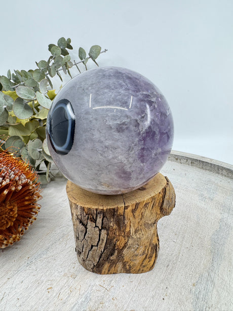 Banded Black Agate and Amethyst sphere 325 g 6 cm – rare two-tone crystal of grounding and spiritual harmony – Inspired By 3 Crystals Australia.