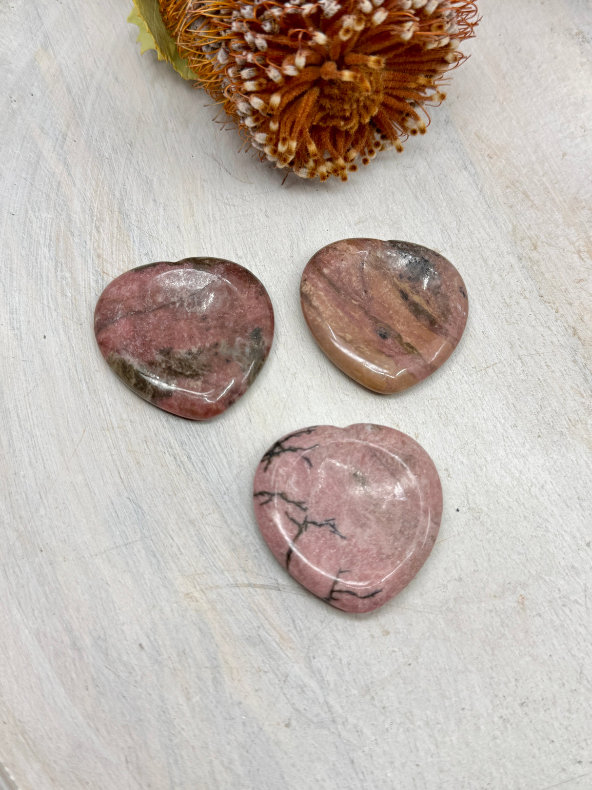 Rhodonite heart worry stone 4x4cm with thumb indent – pink and black crystal for compassion, forgiveness and heart healing – Inspired By 3 Crystals Australia.