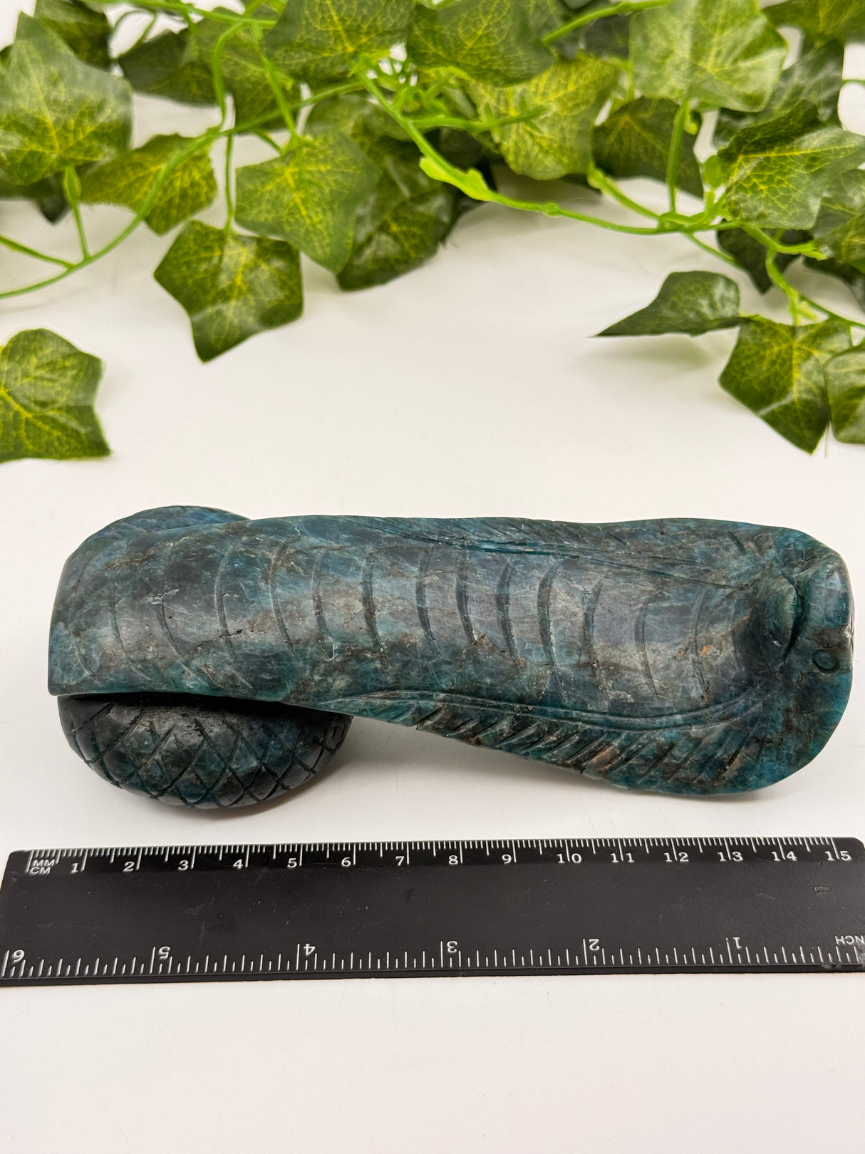Blue Apatite Snake Carving - "I work relentlessly each day to achieve my goals."