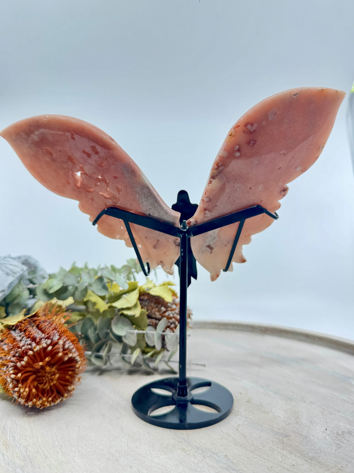 Pink Amethyst Angel Wings on Black Stand 524g – Stone of Peace, Love & Divine Protection