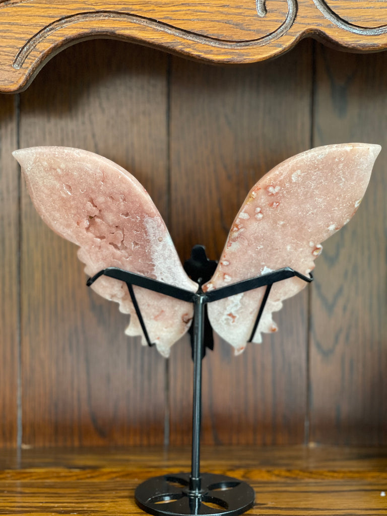 Pink Amethyst Wings Carving on Stand 524g - “ I am a strong and loving person”.
