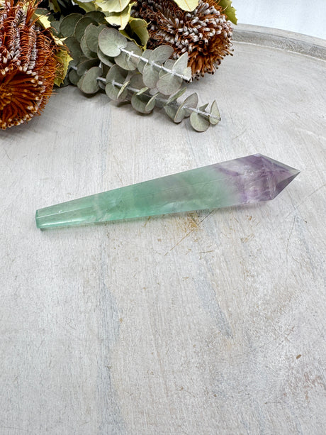 Rainbow Fluorite Wand #6 – 133g (14.5x2.9cm) – Stone of Mental Clarity, Calm & Energy Alignment