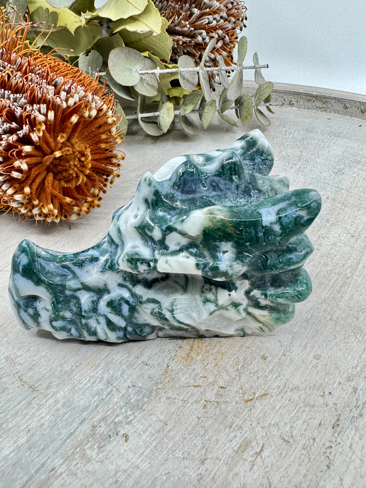 Moss Agate Dragon Head Carving 234g (9x5cm) – Stone of Growth, Protection & Ancient Wisdom