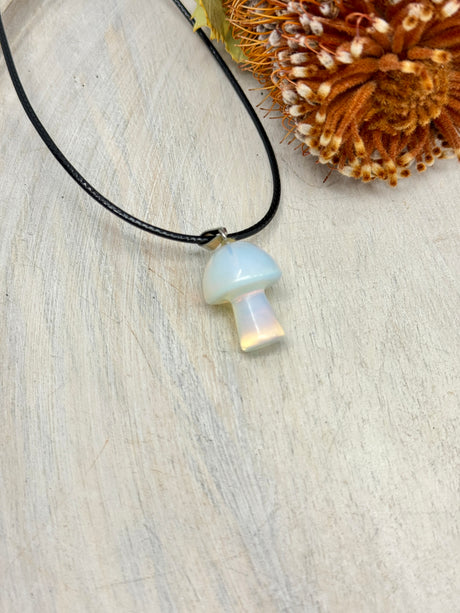 Opalite mushroom pendant 3x1.5x1.5cm – glowing crystal carving for hope, serenity and transformation – Inspired By 3 Crystals Australia.