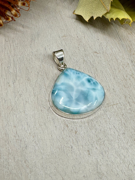 Larimar pendant #6 10.33g 4x3cm set in .925 silver – blue crystal necklace with chain, gift box and card – Inspired By 3 Crystals Australia.