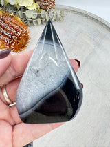 Black Banded Agate flame 114g 8x5cm – layered black and white crystal for grounding, protection and balance – Inspired By 3 Crystals Australia.