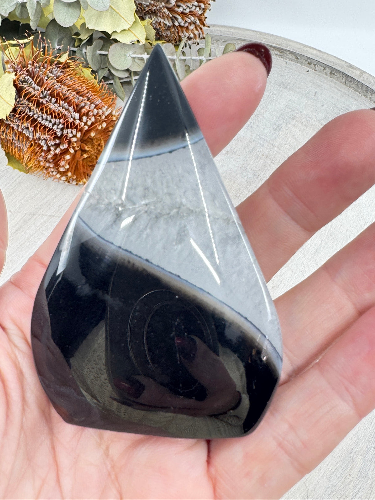 Black Banded Agate Flame 114g (8x5cm) – Stone of Grounding, Protection & Balance