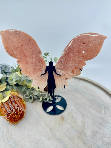 Pink Amethyst angel wings on black stand 524g – soft pink crystal for love, peace and divine protection – Inspired By 3 Crystals Australia.