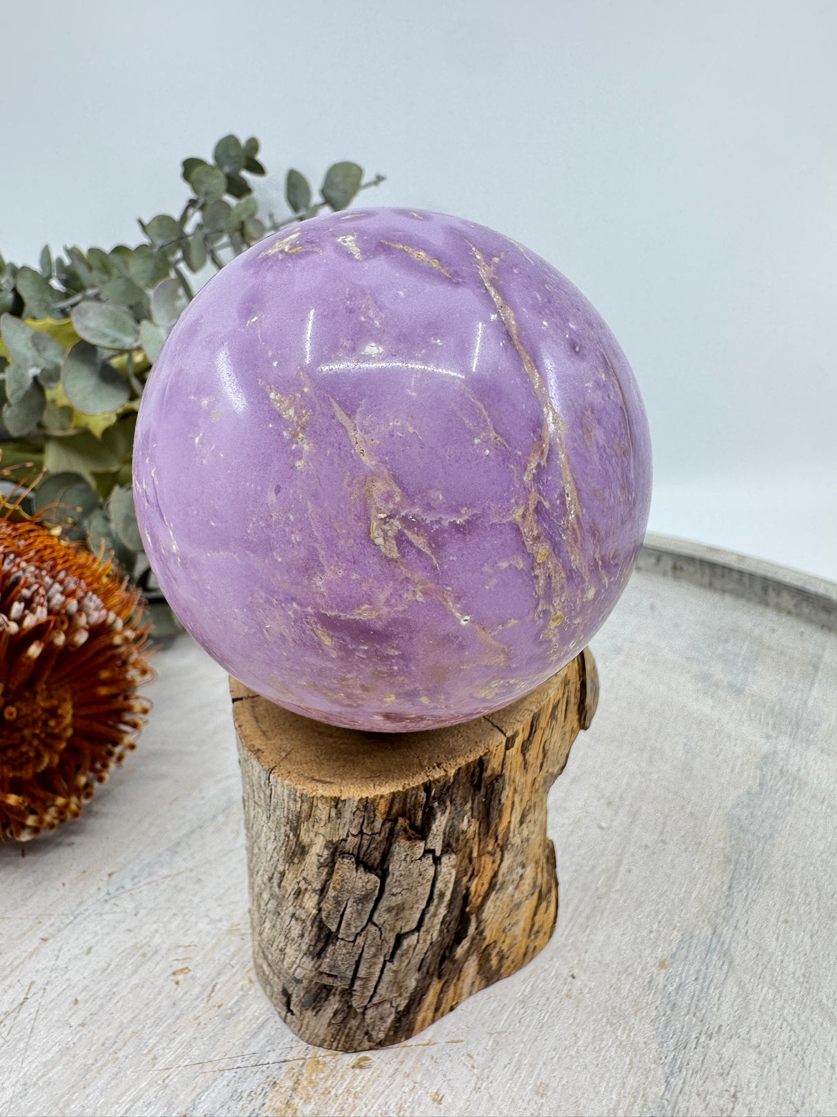 Phosphosiderite sphere 377 g – lavender-purple healing crystal on white background – Stone of Peace and Divine Connection – Inspired By 3