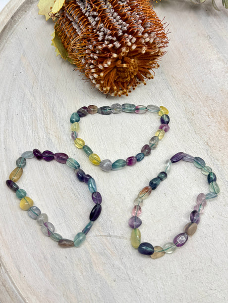 Rainbow Fluorite stretch bracelet with nugget beads – 5.2–5.6cm inner diameter – purple and green crystals for focus, balance and clarity – Inspired By 3 Crystals Australia.